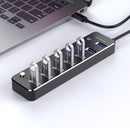 NÖRDIC powered 7-ports USB 3.0 HUB med individuell switch 5Gbps 25cm kabel aluminium svart med nätdel