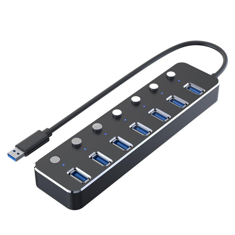 NÖRDIC powered 7-ports USB 3.0 HUB med individuell switch 5Gbps 25cm kabel aluminium svart med nätdel