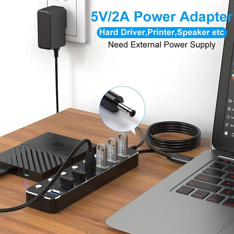 NÖRDIC powered 7-ports USB 3.0 HUB med individuell switch 5Gbps 25cm kabel aluminium svart med nätdel