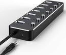 NÖRDIC powered 7-ports USB 3.0 HUB med individuell switch 5Gbps 25cm kabel aluminium svart med nätdel