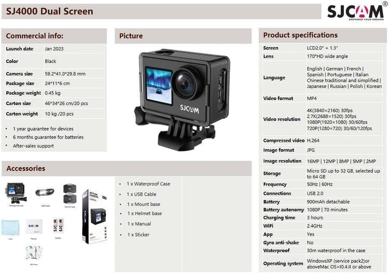 SJCAM SJ4000Dual Screen 4K 30fps Actionkamera, Wifi, Dual screen, Vattentätt skal. portabel