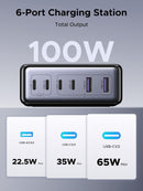 UGREEN 100W USB-C Laddstation, 6-Portars GaN Skrivbordsladdare med 4 USB-C & 2 USB-A, Smart Strömfördelning
