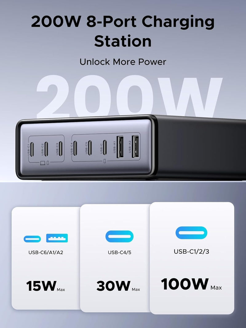 UGREEN Nexode 200W GaN USB C Charging Station, 8-Port Desktop Charger with PD 100W
