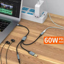 NÖRDIC USB-C Splitter 1 till 3, 1xUSB-A 1xUSB-C PD60W 1x3,5mm hörlursuttag OTG Kabel