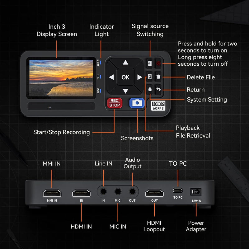 Video to Digital Converter 4K HDMI/CVBS/VGA/YPBPR Inputs Video Recorder Capture from VCR, DVD, VHS Tapes, Hi8, Camcorders  4K capture 1080P 60pfs