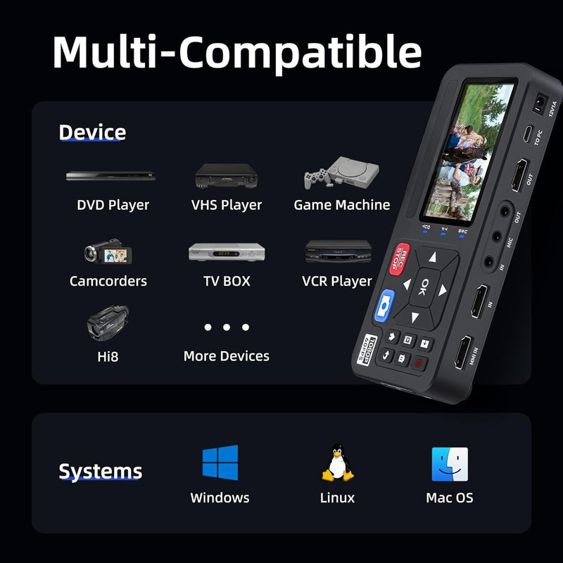 Video to Digital Converter 4K HDMI/CVBS/VGA/YPBPR Inputs Video Recorder Capture from VCR, DVD, VHS Tapes, Hi8, Camcorders  4K capture 1080P 60pfs