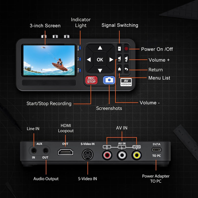 Video to Digital Recorder Standalone for Recording VHS Tapes, VCR, DVR, DVD, Hi8, DV Player, RCA, CVBS, TV Box, Camcorder, Gaming Consoles to USB SD Card