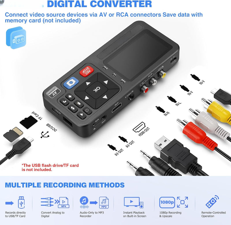 Video to Digital Recorder Standalone for Recording VHS Tapes, VCR, DVR, DVD, Hi8, DV Player, RCA, CVBS, TV Box, Camcorder, Gaming Consoles to USB SD Card