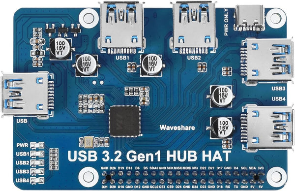 Waveshare USB 3.2 Gen1 HUB HAT för Raspberry Pi 4 med 4x USB 3.2 Gen1-portar upp till 5 Gbps