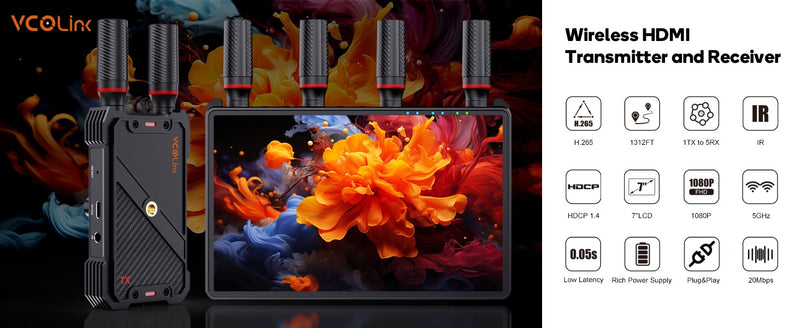 NÖRDIC Trådlös Portabel 7" skärm, video sändare och mottagare, 2.4G/5.0G, 4k HDMI INPUT / 1080p OUTPUT, 400m