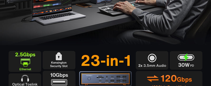 iVANKY FusionDock Max 2 Thunderbolt5 23-in1 Docking station for Mac M1/M2/M3/M4/M5 Pro/Max 120Gbps Triple Monitor 6K@60Hz Windows Incompatible 140W PD
