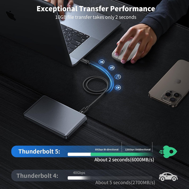 NÖRDIC 1m Thunderbolt 5 kabel Intel Certifierad, 80Gbps Dataöverföring, 120Gbps Bandbredd,  240W Laddning, Dubbla 8K Skärmar, Kompatibel med MacBook M4 TB4/DP2.1/USB4