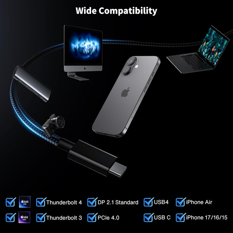 NÖRDIC 1m Thunderbolt 5 kabel Intel Certifierad, 80Gbps Dataöverföring, 120Gbps Bandbredd,  240W Laddning, Dubbla 8K Skärmar, Kompatibel med MacBook M4 TB4/DP2.1/USB4